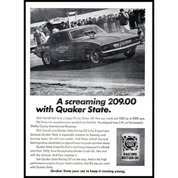1969 Quaker State Racing Motor Oil Vintage Print Ad Shelby County Raceway Art - Picture 1 of 1